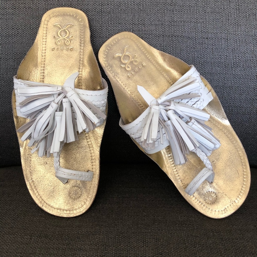 FIGUE Leather Slide Sandals White/Gold Size 6